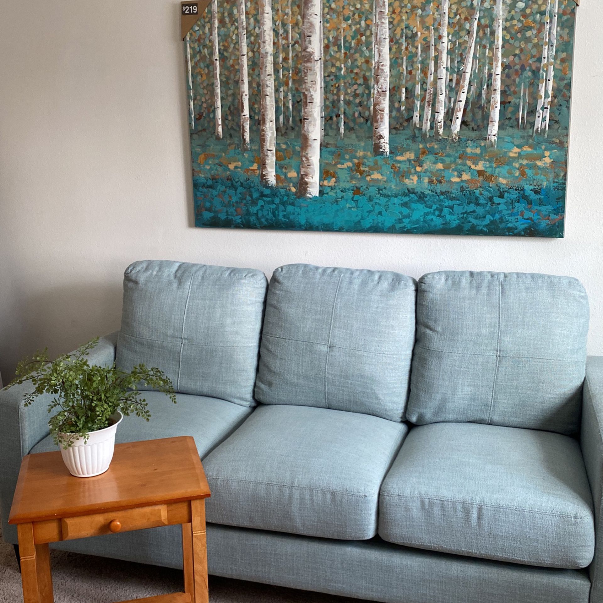 Sofa, Wall Art And Side Table With Drawer