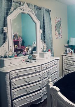 White Ornate Dresser with Mirror
