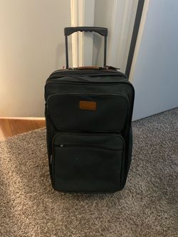 VINTAGE 22” x 15” X 11” Lucky Way Green & Brown Leather Rolling Suitcase Luggage
