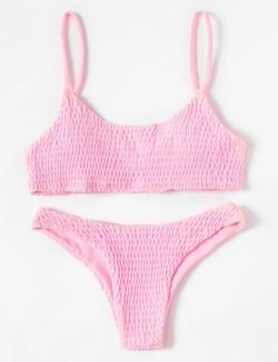 Verdusa 2 Piece Textured Smocked Wireless Bikini Bandeau Thong Swimsuit Pink L