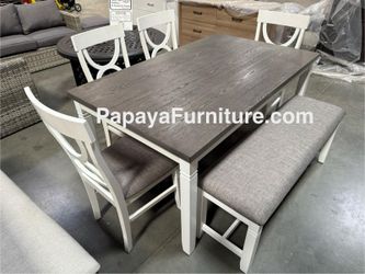NEW 6 Piece Dining Room Table and Chair Bench Set Grey White Wood Big Discount Furniture Warehouse SALE 6pc White Gray Grey Cottage Style Clearance