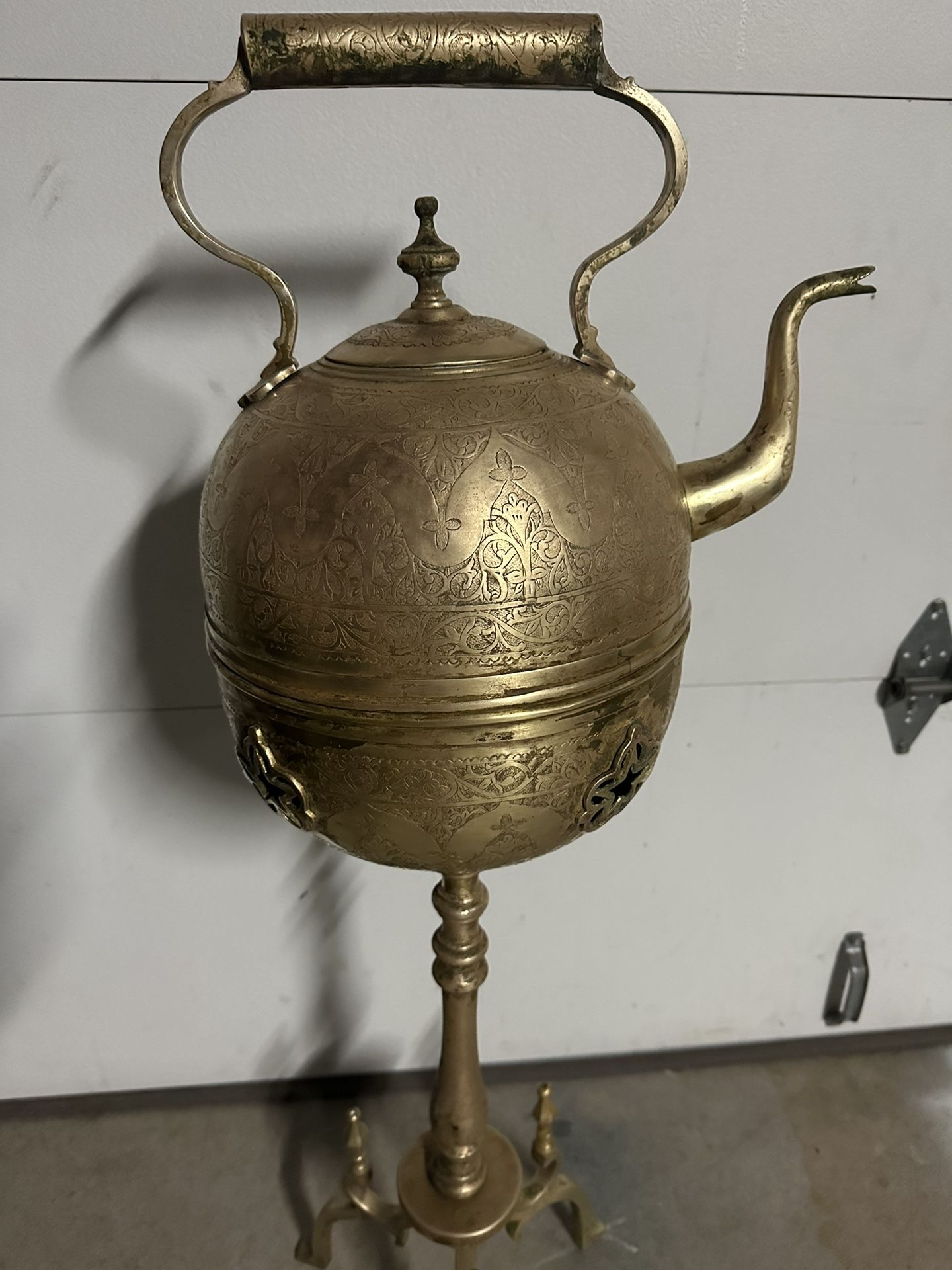 Antique Engraved Victorian Brass Hot Water Tea Kettle