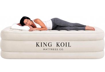 King Koil Air Mattress Twin with Built-in Pump, Inflatable Blow Up Bed 1-Yr Warranty, patented coil-beam support, flocked waterproof top, inflates in