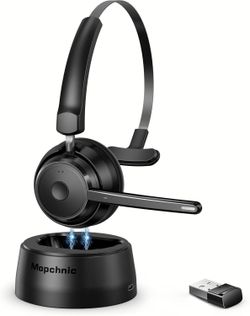 Mopchnic Bluetooth Headset with AI Noise Canceling Mic & USB Dongle Black Wireless