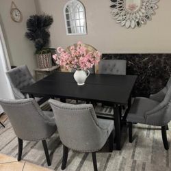 Modern 7-Piece Dining Set – Black Table + 6 Gray Tufted Chairs