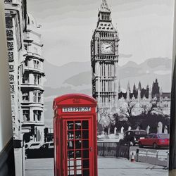 London Red Phone Booth Canvas/Wall Art w a Stunning Clock Tower View 27.5"Hx20"W