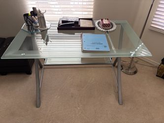 Glass Top Office Desk with Silver Metal Frame