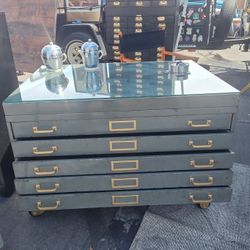 Vintage Metal Cabinet /Coffee Table/Architectural/Art Storage/Glass Top