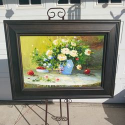Large framed still life flowers in vase signed oil on canvas painting