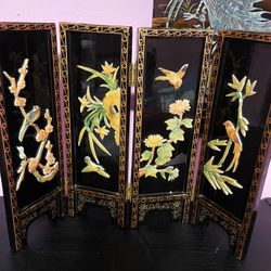 Antique Oriental Black Lacquer Wood Folding 4 Panel Table Screen Jade