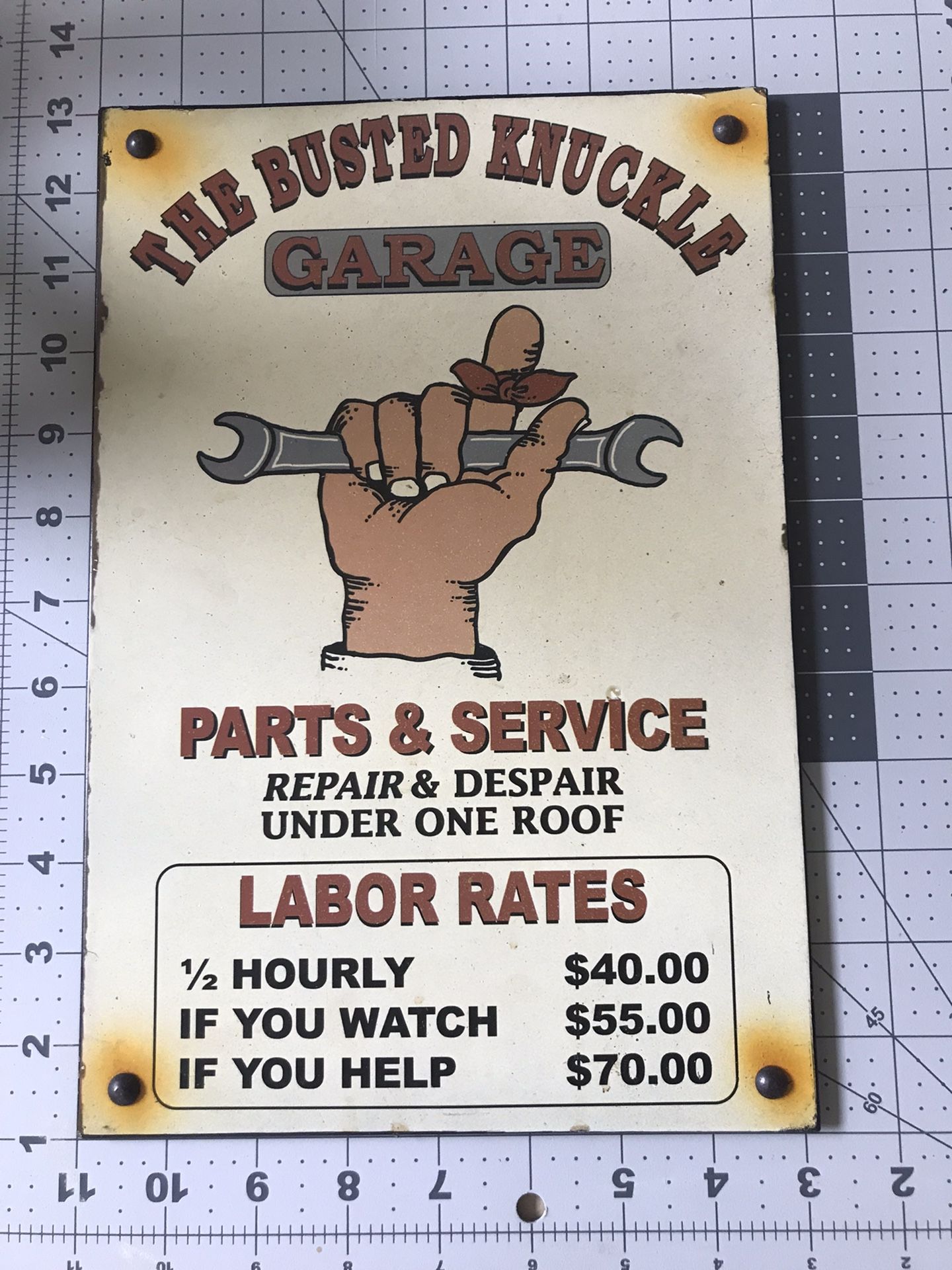Vintage Busted Knuckle Garage Parts Service Labor Rates Metal Sign, very good