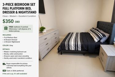 Modern Full Bedroom Set – Bed, Dresser & Nightstand + Free Mattress