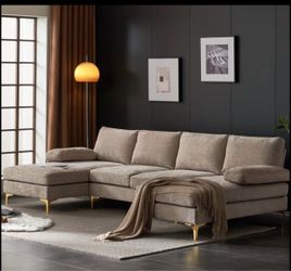 Modern U-Shaped Velvet Sectional Sofa - Gold Legs - Like New - Pet & Smoke Free