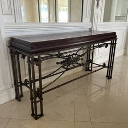 A French Wrought Iron Console Table with Inlaid Mahogany Top