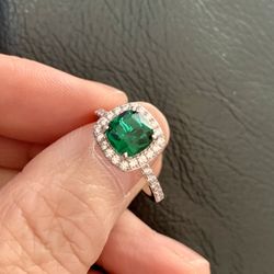Cushion Cut Lab Emerald Ring Size 7 Sterling Silver 