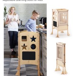 Guidecraft Classic Kitchen Helper® Folding Toddler Tower - Natural: Wooden Kids Kitchen Step Stool w/Safety Nets & Non-Slip Mat, Montessori Toddler