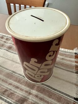 Retro Dr Pepper branded piggy bank can with slot lid.