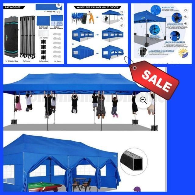 10´ x 30´ Pop Up Canopy Commercial Heavy Duty Tent Waterproof Outdoor Party Canopies with 8 Removable Sidewalls, Carrying Bag, 4 Stakes, 4 Ropes, Blue Sports & Outdoors