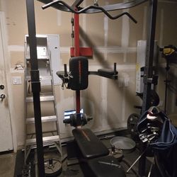 power tower with pull-up bar and adjustable bench.