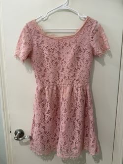 Women’s Pink Lace Dress – Elegant Short Sleeve Fit & Flare Party Outfit