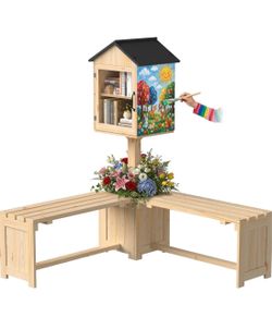 DTK Little Free Library Kit with Planter & Dual Benches,Outdoor Library Box with Clear Door & Waterproof Roof,DIY Paintable Lending Library,L-Shaped o