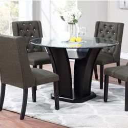 Dining Set 5 Pieces Round Glass Mirror 2 Beige Chairs And 2 Espresso Chairs🤩NEW