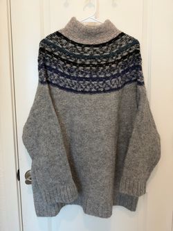 H&M Fuzzy Mock Neck Sweater S Gray Navy Patterned Yoke Oversized