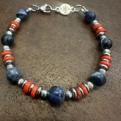Elegant Blue Sodalite and Orange Coral Beaded Bracelet