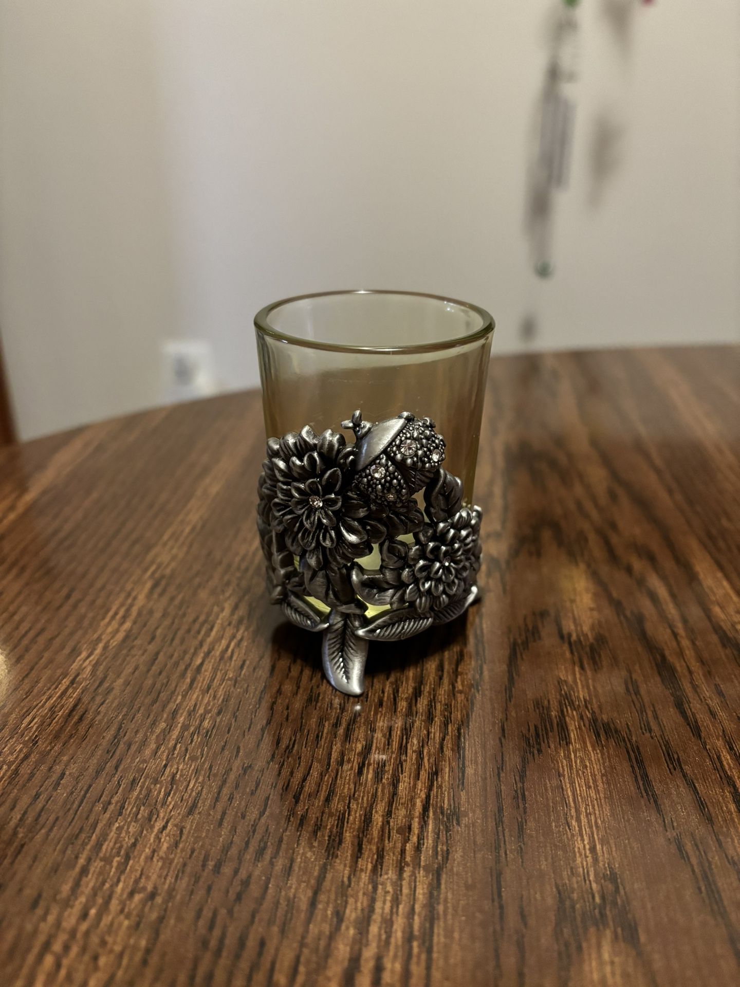 Pewter Candleholder Yellow Green Glass Votive Tea Light Floral Bee Nature Crystal Accents