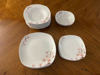 22 Piece Sakura Blossom Ceramic Dinnerware Set (See Description for Quantity Breakdown)