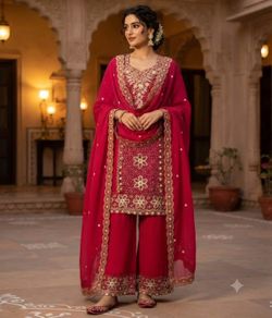 Red & gold embroidered floral and geometric designs on a red background #wedding #formal   Heavy Embroidered Fersi Salwar Suit Designer 3pc Sharara Se