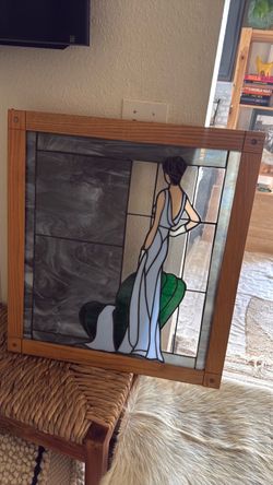 Stained Glass Panel Woman in Gown vintage wood frame