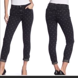 Current/Elliott Black Polk Dot The Easy Stiletto Skinny Rolled Hem Jeans 26 $248. Good used condition. Measurements laying flat. Waist 14.5” , Hips 17