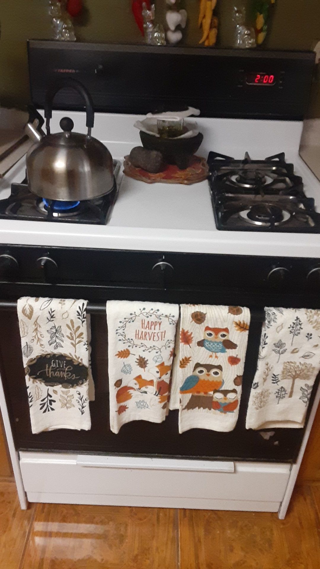 Gas stove. Everything works. Needs cleaning.