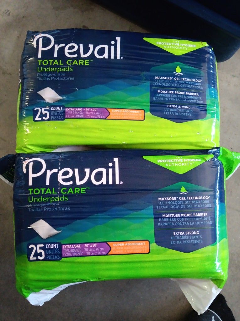 2 Packages Large Prevail Total Care Underpads