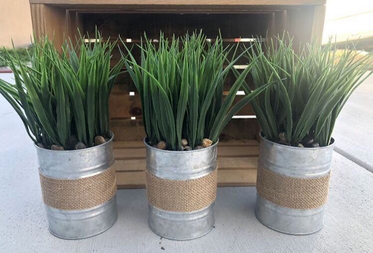 Farmhouse Tabletop Home Decor Grass Metal Pots With Burlap Lot Of 6