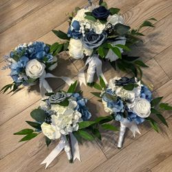Bride Wedding Bouquet Set. Blues And White. Silk Florals See Photos 