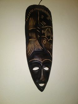 Vintage Indonesian Tiki/Totem Tribal Hand-Carved Charcoal/Gold Accent Mask