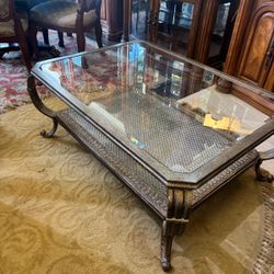 Metal and glass coffee table… with beveled glass… 47” wide , 34” depth , 20” high . $175 Delivery available for a small fee 