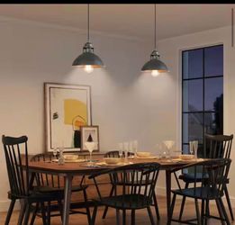 Industrial 1-Light Brushed Silver and Black Island Pendant Light with Classic Dome Shade Barn Pendant LED Compatible.   we have 4 pendant lights each 