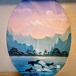 Oval Oil Painting Of Dolphins Swimming In The Ocean