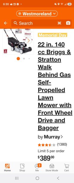 Murray 22-inch self-propelled lawn mower powered by a Briggs & Stratton engine.