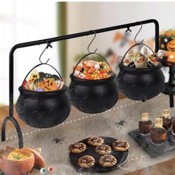 Halloween Witch Cauldron Candy Serving Bowl Hocus Pocus Decor, Set of 3 Black Plastic Cauldron Bowls with Iron Rack, Spooky Candy Bucket Punch Bowls f