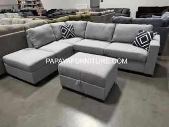 New Sectional Couch with built-in shelf arm Reversible Chaise Sofa and STORAGE Ottoman Set Modern Designer Style Gray Fabric Living Room Apartment Big