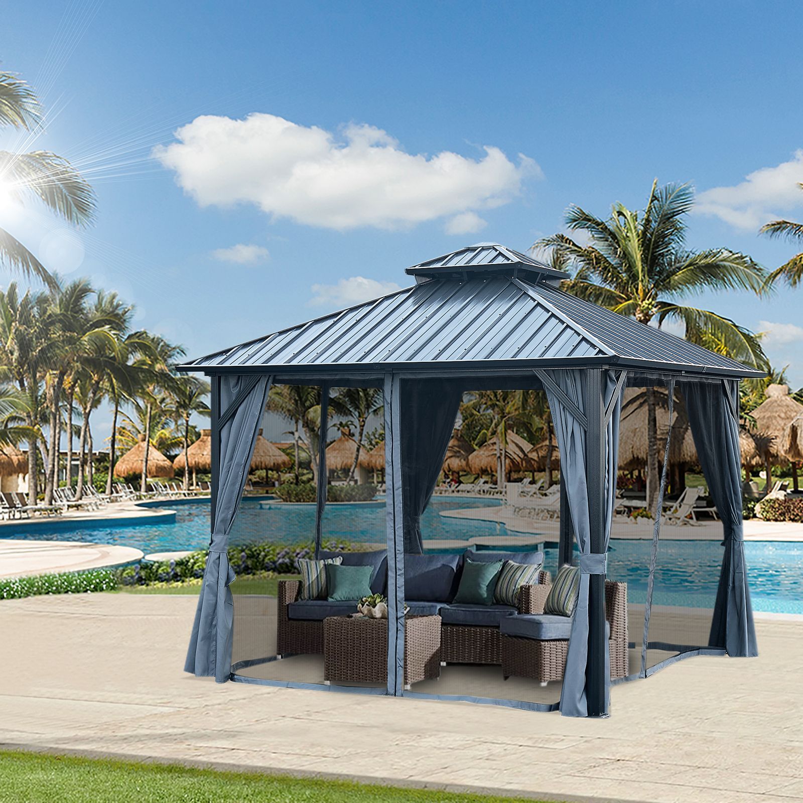 10\' X 10\' Hardtop Gazebo with Galvanized Steel Double Roof, Sturdy Aluminum Frame, Curtains, and Netting for Patio, Lawn, and Garden