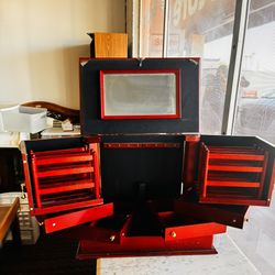 Vintage Wooden Jewelry Box with Mirror and Swing-Out Doors