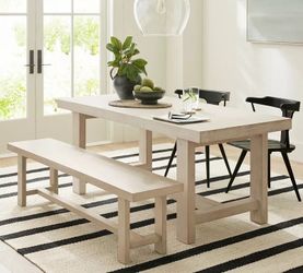 Pottery Barn Reed Biscotti Extendable Dining Table With Bench White Wash Wood 73 in to 97 in