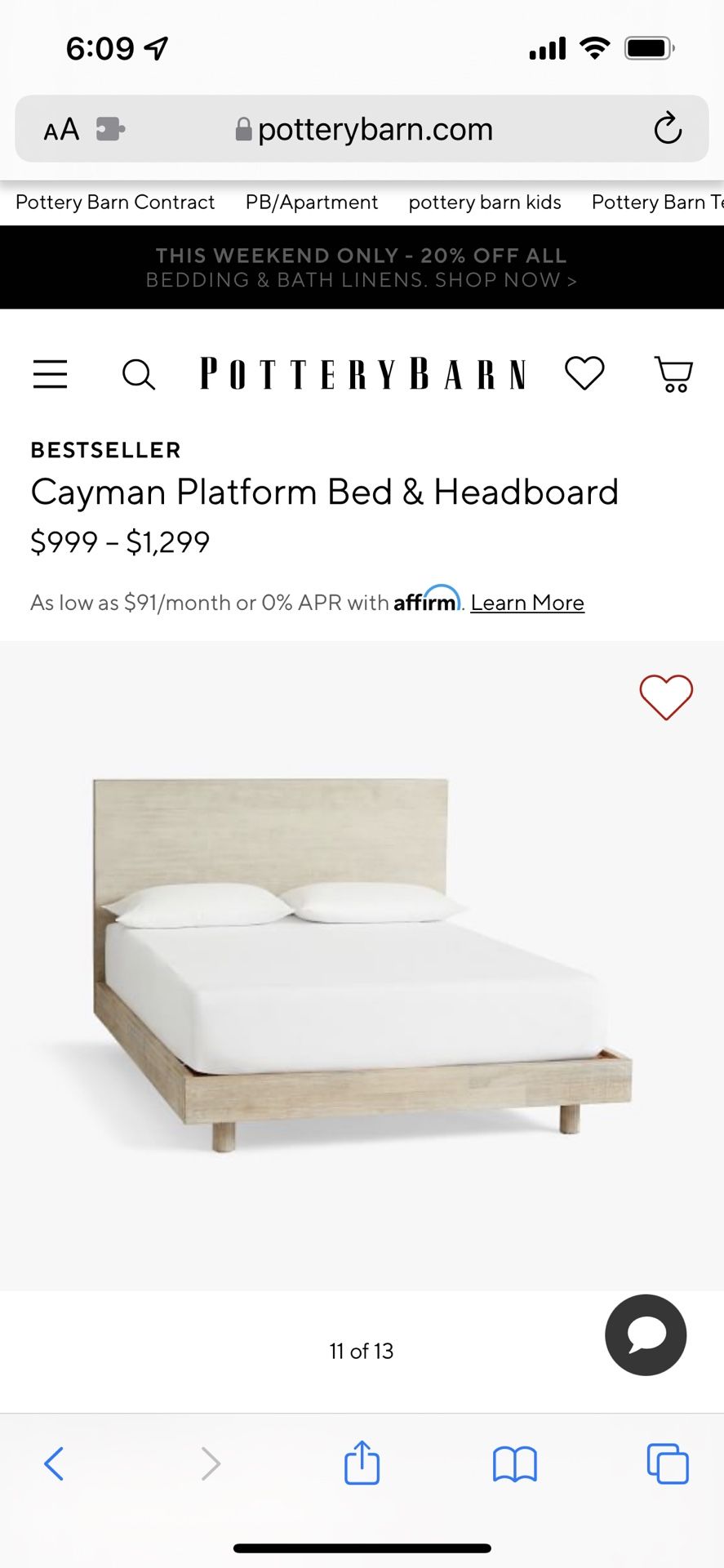 Like New Pottery Barn Cayman Platform Bed & Headboard White washed light wood full size $999+
