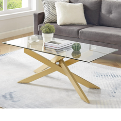 Gold Coffee Table for Living Room, Modern Glass Coffee Table with 47" Tempered Glass Top and Metal Tubular Legs for Small Space, Apartment, Office