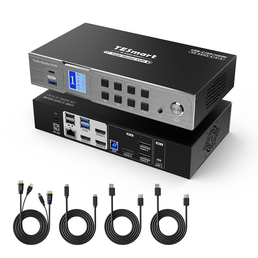 TESmart USB-C MST&EDID KVM Switch 3 Monitors 2 Computers HDMI+DisplayPort, 4K@60Hz KVM Switch Triple Monitor Dock for Laptop&Desktop, USB 3.0, Chargin